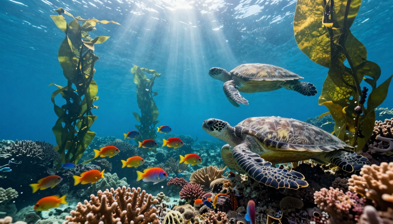 Underwater scene with two sea turtles swimming amidst vibrant coral reefs and colorful fish. Sunlight beams through clear blue water, illuminating tall seaweed.