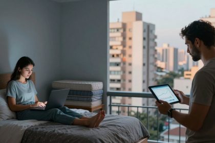 A woman sits on a bed using a laptop, while a man stands by a window holding a tablet displaying graphs. The room has a gray wall and large windows showing city buildings.