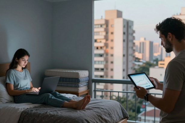A woman sits on a bed using a laptop, while a man stands by a window holding a tablet displaying graphs. The room has a gray wall and large windows showing city buildings.
