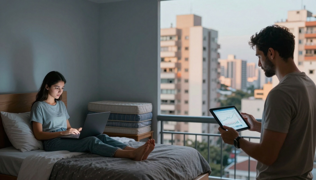 A woman sits on a bed using a laptop, while a man stands by a window holding a tablet displaying graphs. The room has a gray wall and large windows showing city buildings.
