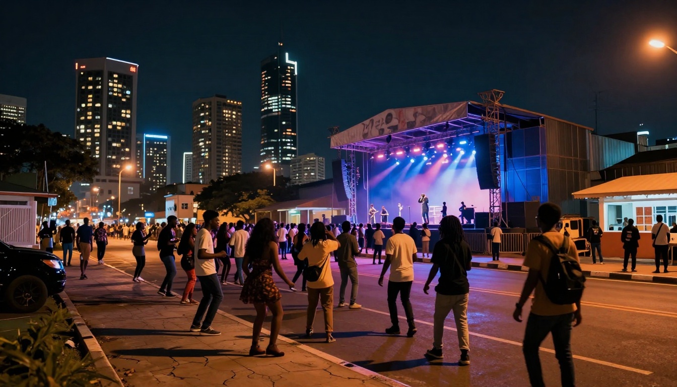 Outdoor night concert with a crowd watching performers on a lit stage. Tall buildings with lights in the background.