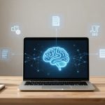 Laptop on a wooden desk displaying a glowing brain graphic with connecting nodes. Surrounding icons include documents and SEO. Nearby are a notebook with a pen, a white mug, a smartphone, and a potted plant.