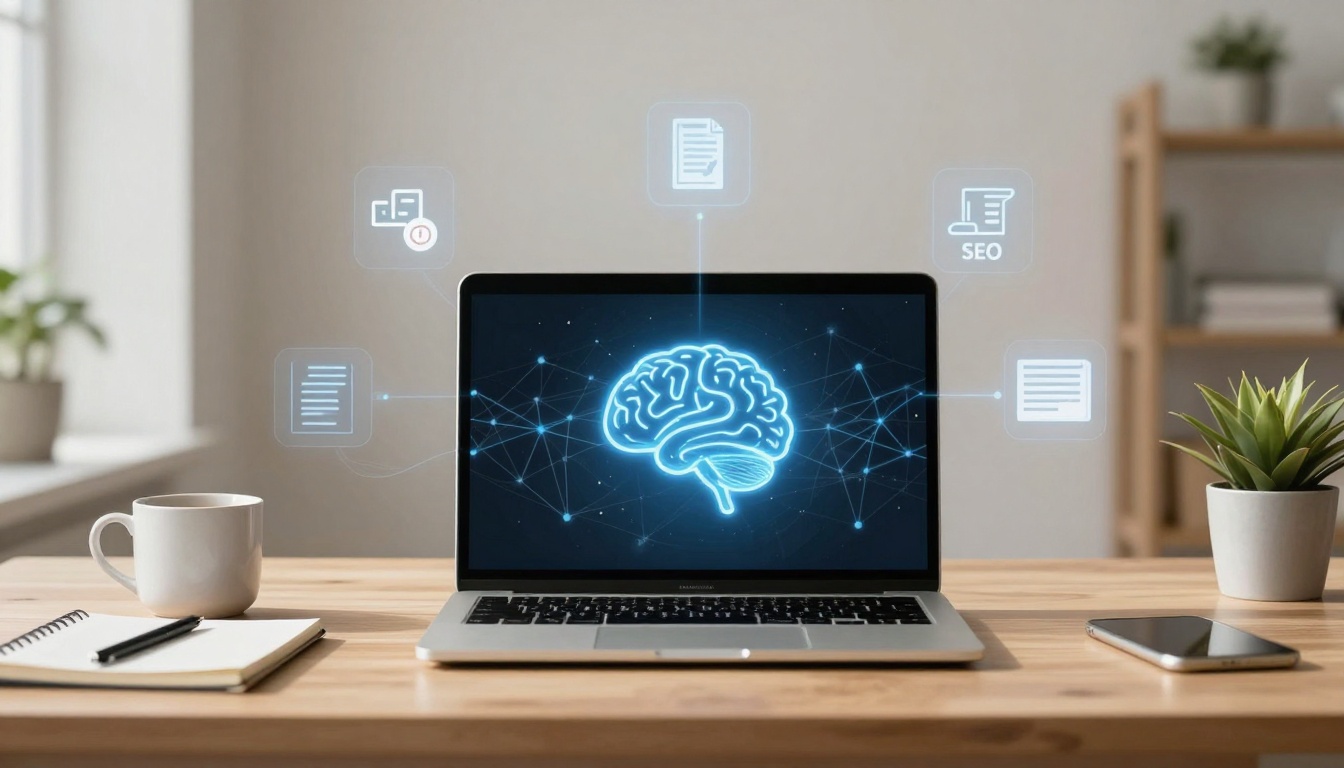 Laptop on a wooden desk displaying a glowing brain graphic with connecting nodes. Surrounding icons include documents and SEO. Nearby are a notebook with a pen, a white mug, a smartphone, and a potted plant.