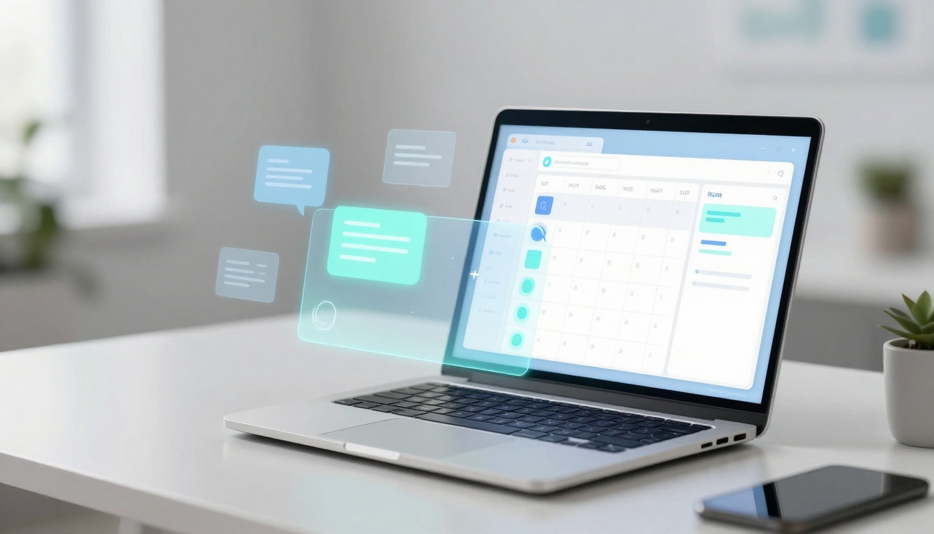 A laptop on a white desk displaying a calendar app with highlighted dates. Floating chat bubbles appear above the keyboard. A smartphone and small plant are nearby.