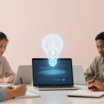 Four people sitting at a table using laptops and notebooks. A glowing lightbulb with a brain design is projected above a laptop screen.