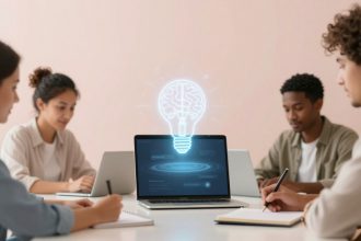 Four people sitting at a table using laptops and notebooks. A glowing lightbulb with a brain design is projected above a laptop screen.