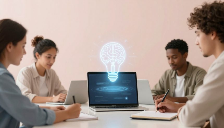 Four people sitting at a table using laptops and notebooks. A glowing lightbulb with a brain design is projected above a laptop screen.