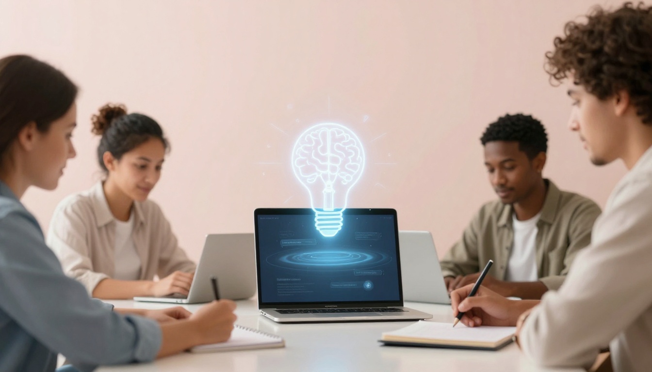 Four people sitting at a table using laptops and notebooks. A glowing lightbulb with a brain design is projected above a laptop screen.