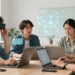 Four people in an office setting, using laptops. One person wears a VR headset. Digital graphics of chat bubbles and a network are visible.
