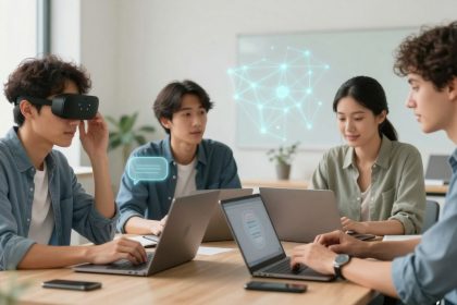 Four people in an office setting, using laptops. One person wears a VR headset. Digital graphics of chat bubbles and a network are visible.
