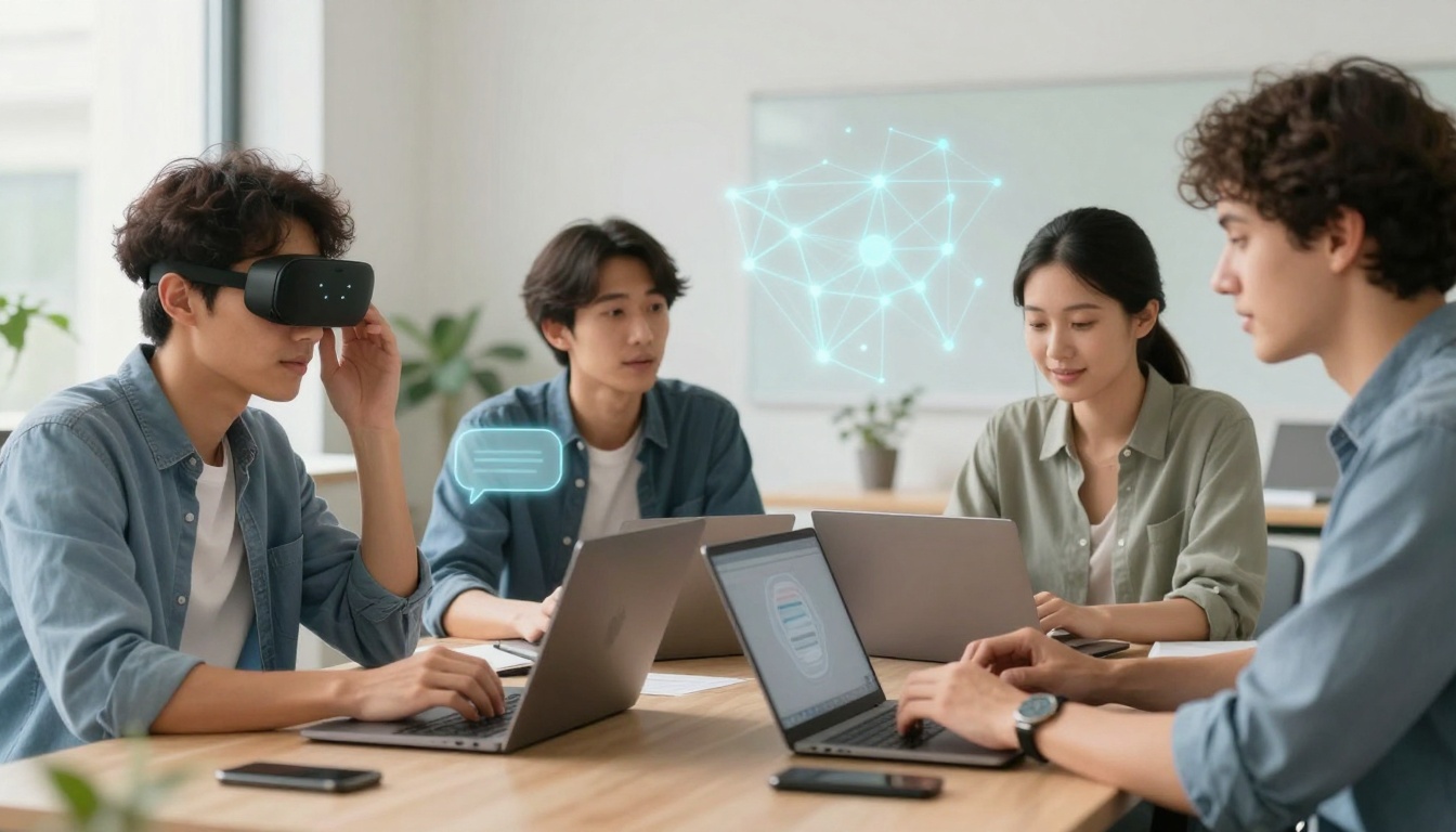 Four people in an office setting, using laptops. One person wears a VR headset. Digital graphics of chat bubbles and a network are visible.