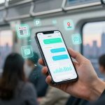 A person in a subway train holds a smartphone displaying a messaging app with charts. Digital icons float around, indicating notifications. Passengers and cityscape visible in the background.