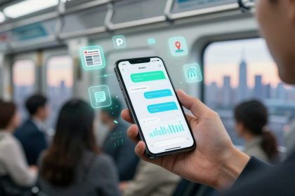 A person in a subway train holds a smartphone displaying a messaging app with charts. Digital icons float around, indicating notifications. Passengers and cityscape visible in the background.