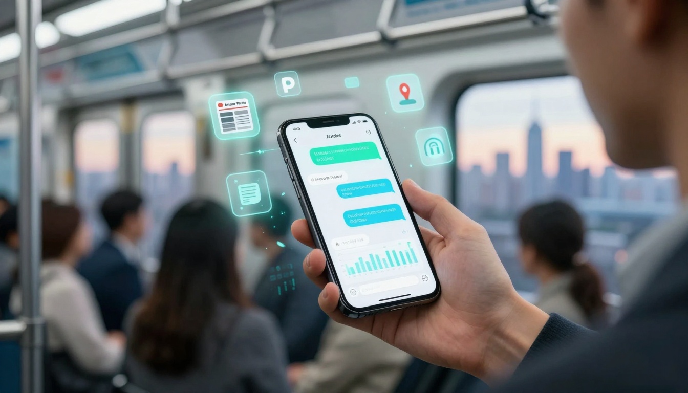A person in a subway train holds a smartphone displaying a messaging app with charts. Digital icons float around, indicating notifications. Passengers and cityscape visible in the background.