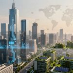 Futuristic cityscape with tall skyscrapers and digital blue circuit patterns on one building. Foreground features eco-friendly buildings with green roofs and solar panels, alongside wind turbines. A faint world map overlays the sky.