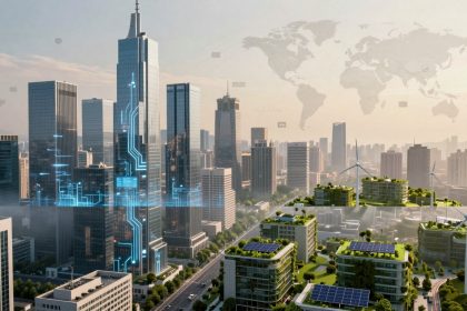 Futuristic cityscape with tall skyscrapers and digital blue circuit patterns on one building. Foreground features eco-friendly buildings with green roofs and solar panels, alongside wind turbines. A faint world map overlays the sky.