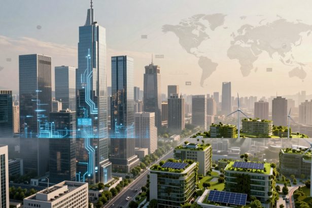 Futuristic cityscape with tall skyscrapers and digital blue circuit patterns on one building. Foreground features eco-friendly buildings with green roofs and solar panels, alongside wind turbines. A faint world map overlays the sky.