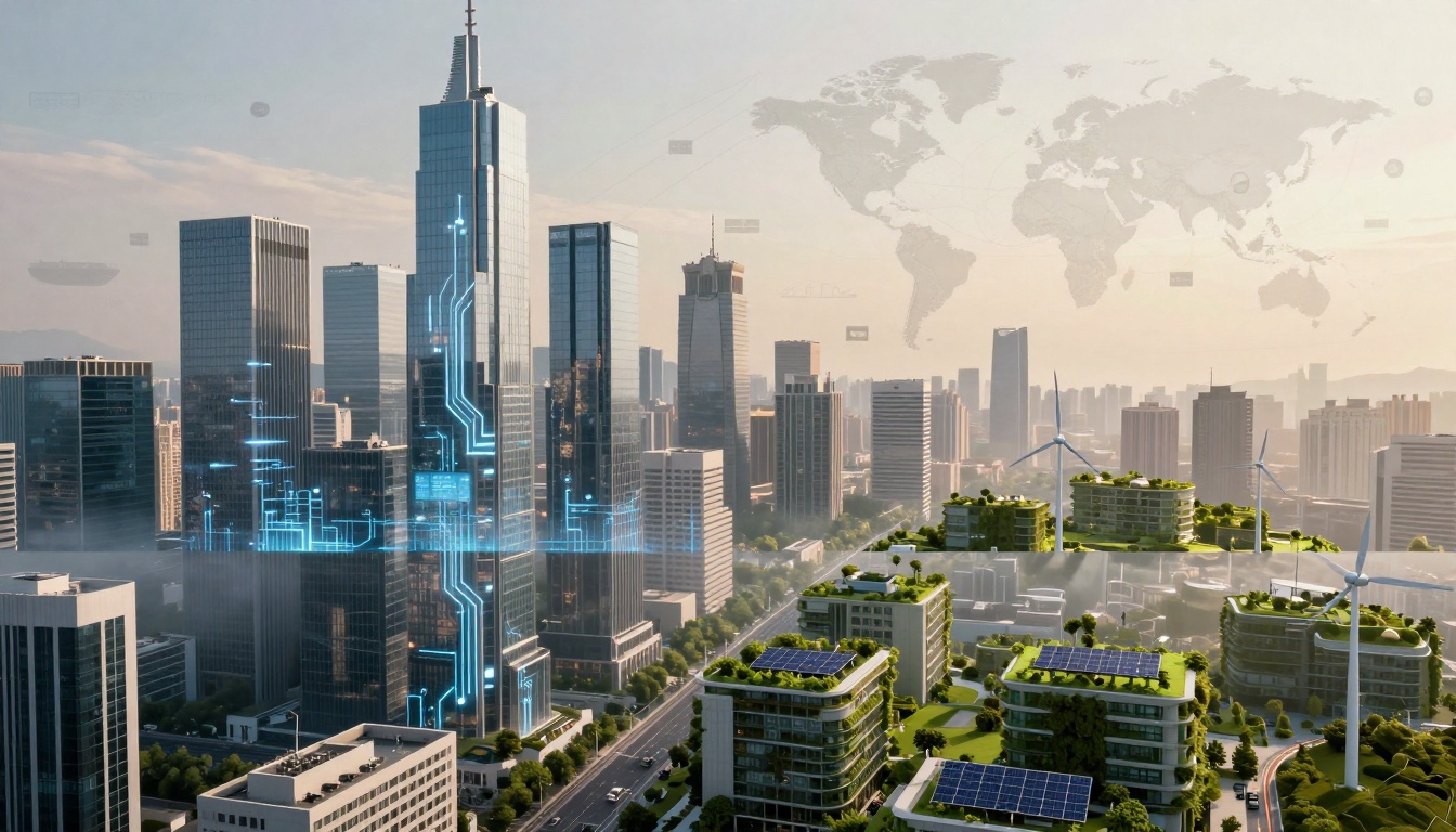 Futuristic cityscape with tall skyscrapers and digital blue circuit patterns on one building. Foreground features eco-friendly buildings with green roofs and solar panels, alongside wind turbines. A faint world map overlays the sky.