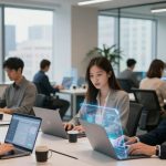 People working at laptops in a modern office with large windows and city views. Holographic displays show digital data.