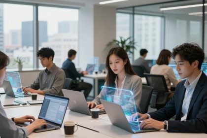 People working at laptops in a modern office with large windows and city views. Holographic displays show digital data.