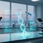 A futuristic lab with two microscopes on a glass table. A digital hologram of a DNA helix and satellite is displayed above the table.