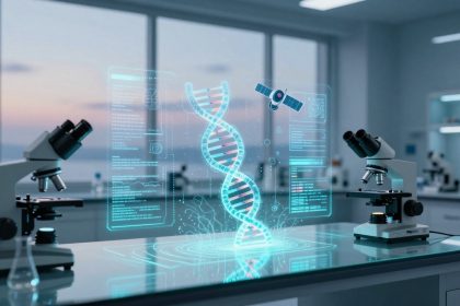 A futuristic lab with two microscopes on a glass table. A digital hologram of a DNA helix and satellite is displayed above the table.