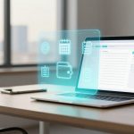 A laptop on a wooden desk displays a digital interface with floating icons, including a calendar and wallet. A smartphone lies nearby, and a small plant is in the background.