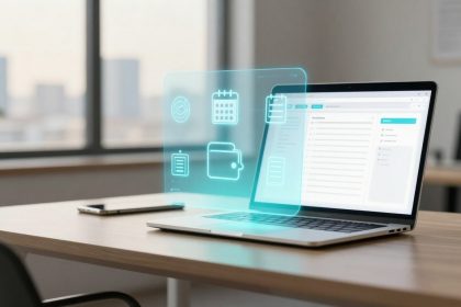 A laptop on a wooden desk displays a digital interface with floating icons, including a calendar and wallet. A smartphone lies nearby, and a small plant is in the background.