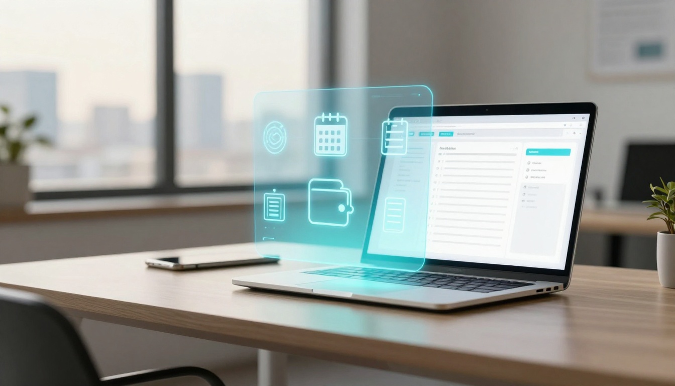 A laptop on a wooden desk displays a digital interface with floating icons, including a calendar and wallet. A smartphone lies nearby, and a small plant is in the background.