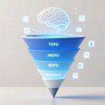 An inverted funnel diagram labeled TOFU, MOFU, BOFU, and Retention, with a brain icon above. Surrounding icons include a document, play button, email, person, and magnifying glass.