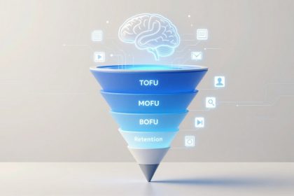 An inverted funnel diagram labeled TOFU, MOFU, BOFU, and Retention, with a brain icon above. Surrounding icons include a document, play button, email, person, and magnifying glass.