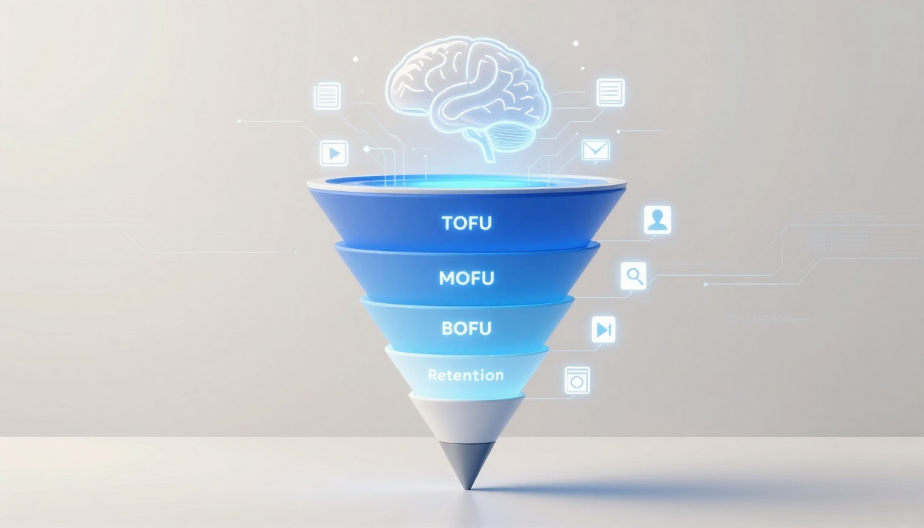 An inverted funnel diagram labeled TOFU, MOFU, BOFU, and Retention, with a brain icon above. Surrounding icons include a document, play button, email, person, and magnifying glass.