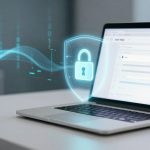 A laptop on a white desk displaying a login screen. A digital lock icon and binary code hover above, symbolizing cybersecurity.