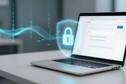 A laptop on a white desk displaying a login screen. A digital lock icon and binary code hover above, symbolizing cybersecurity.