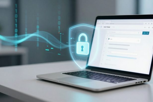 A laptop on a white desk displaying a login screen. A digital lock icon and binary code hover above, symbolizing cybersecurity.