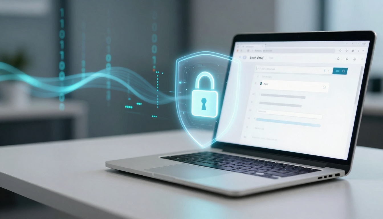 A laptop on a white desk displaying a login screen. A digital lock icon and binary code hover above, symbolizing cybersecurity.