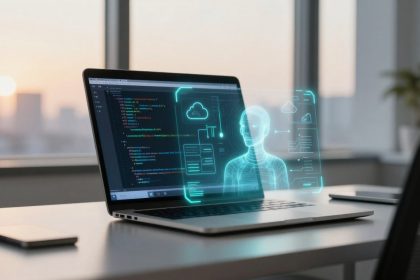 A laptop on a desk displaying code on its screen, with a holographic interface showing a human figure and cloud icons. A smartphone is nearby, and a sunset is visible through a window in the background.