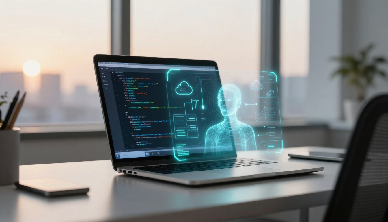 A laptop on a desk displaying code on its screen, with a holographic interface showing a human figure and cloud icons. A smartphone is nearby, and a sunset is visible through a window in the background.