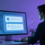 A person sits at a desk using a computer with a large monitor displaying AI chat bubbles. The room is lit with purple ambient lighting.