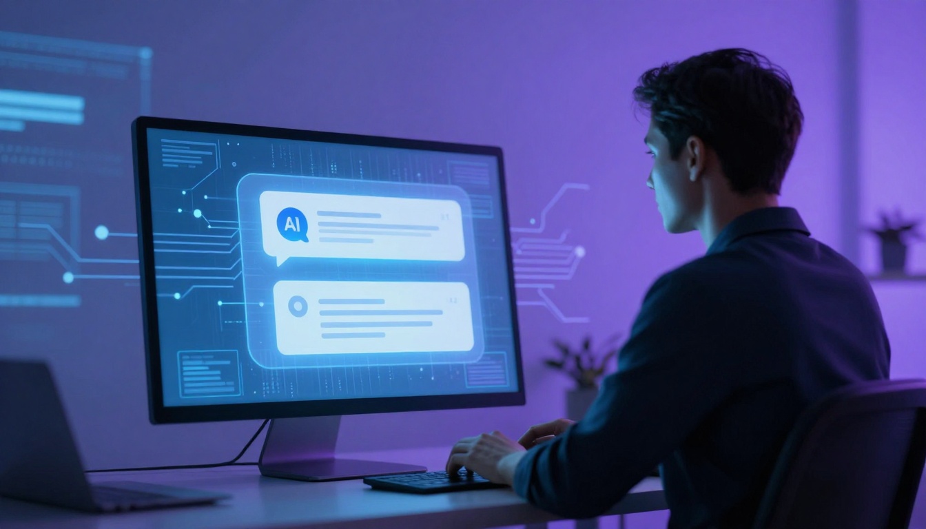 A person sits at a desk using a computer with a large monitor displaying AI chat bubbles. The room is lit with purple ambient lighting.