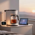 A white bedside table with a digital clock showing 7:00 AM, a coffee maker brewing a cup, and a tablet displaying a smart home app. A sunrise is visible through the window.