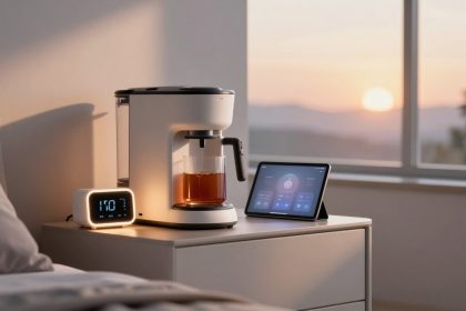 A white bedside table with a digital clock showing 7:00 AM, a coffee maker brewing a cup, and a tablet displaying a smart home app. A sunrise is visible through the window.