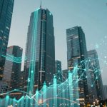 Tall skyscrapers against a dusk sky with digital graphics overlay, including currency symbols and a network grid, suggesting financial data.