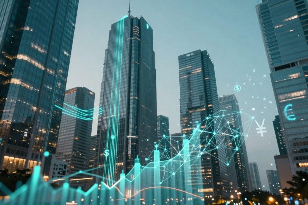 Tall skyscrapers against a dusk sky with digital graphics overlay, including currency symbols and a network grid, suggesting financial data.
