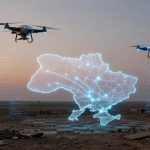 Two drones hover over a digital map of Ukraine with glowing network lines, set against a sunset sky and a barren landscape. Debris is visible on the ground.