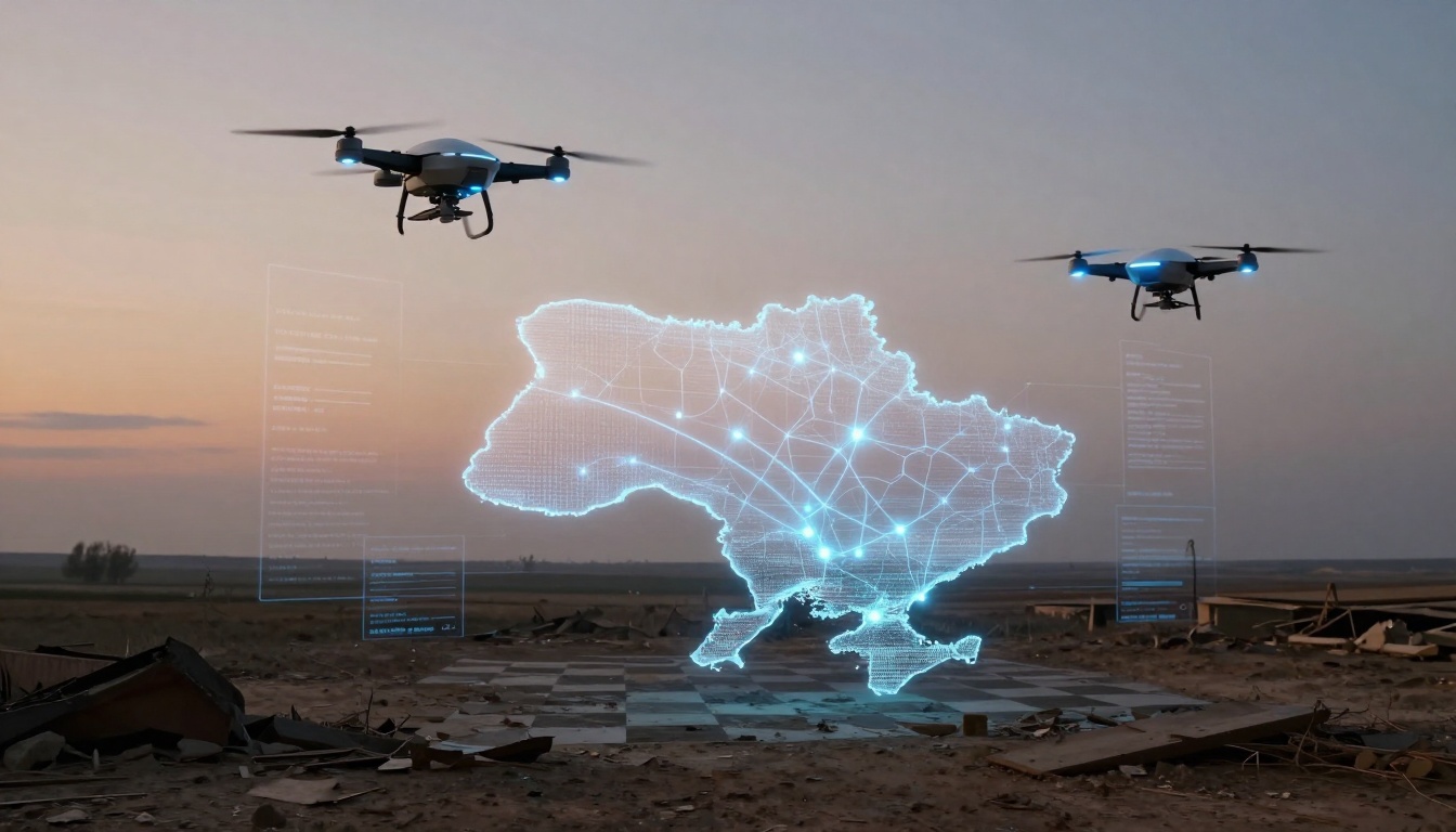 Two drones hover over a digital map of Ukraine with glowing network lines, set against a sunset sky and a barren landscape. Debris is visible on the ground.