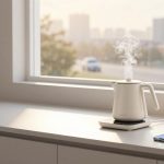 A white electric kettle on a countertop emits steam beside a smartphone and a person's hand wearing a smartwatch. A large window shows blurred city buildings and a road with cars.