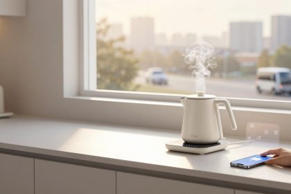 A white electric kettle on a countertop emits steam beside a smartphone and a person's hand wearing a smartwatch. A large window shows blurred city buildings and a road with cars.