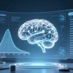 A holographic brain is displayed between two laptops in a dimly lit room. The brain is surrounded by digital graphs and data on a transparent screen, indicating a futuristic or tech-focused setting.