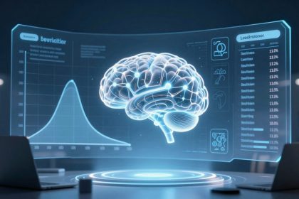 A holographic brain is displayed between two laptops in a dimly lit room. The brain is surrounded by digital graphs and data on a transparent screen, indicating a futuristic or tech-focused setting.